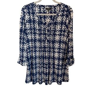 Cocomo Womens 1X Blue Cream‎ Abstract Plaid Print Stretch Tunic Top 3/4 Sleeve